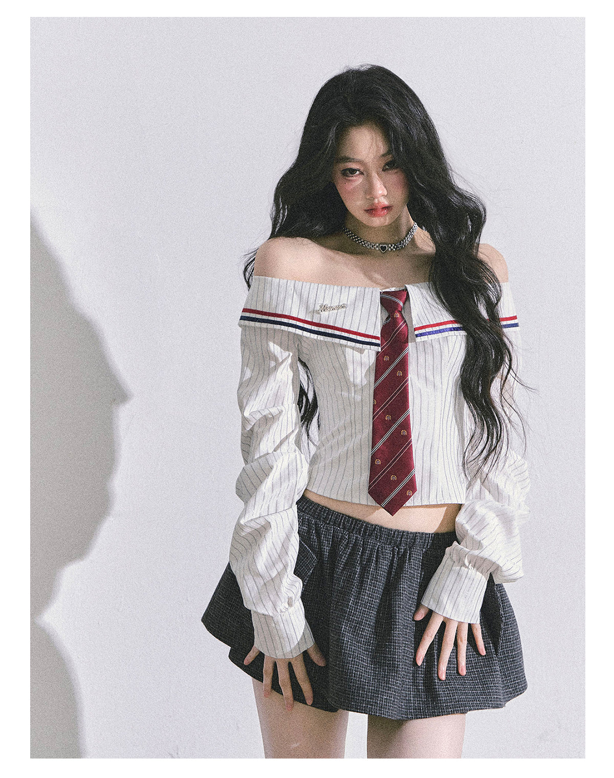 ShaoYeYan Seoul Art Student Off-Shoulder Striped Shirt
