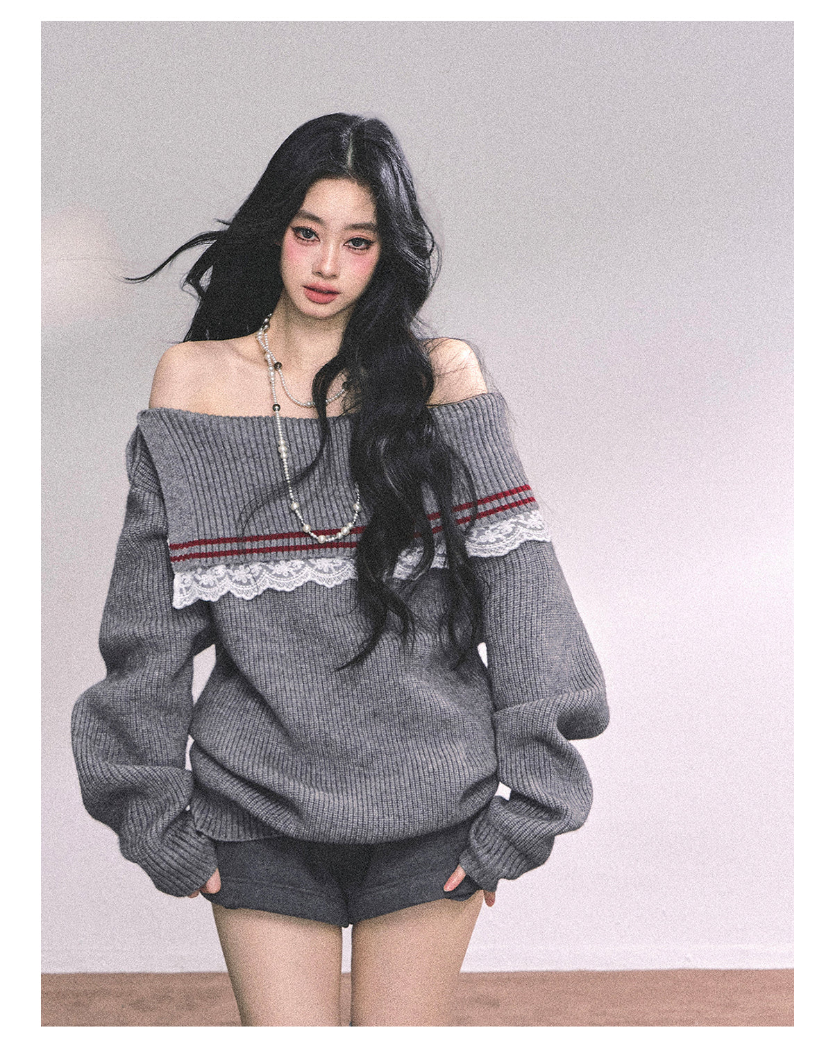 ShaoYeYan British Wit American Academia Lace Off-Shoulder Sweater