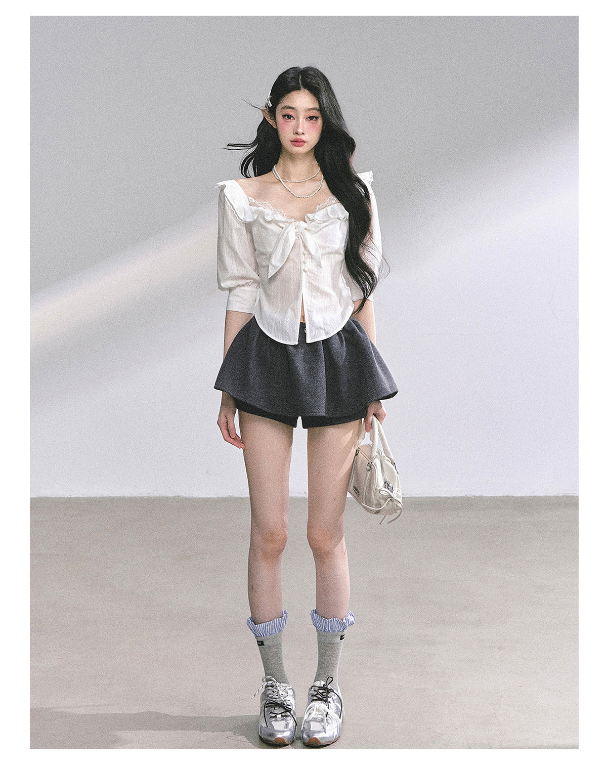 SHAOYEYAN French White Lace Waist-Defining Blouse