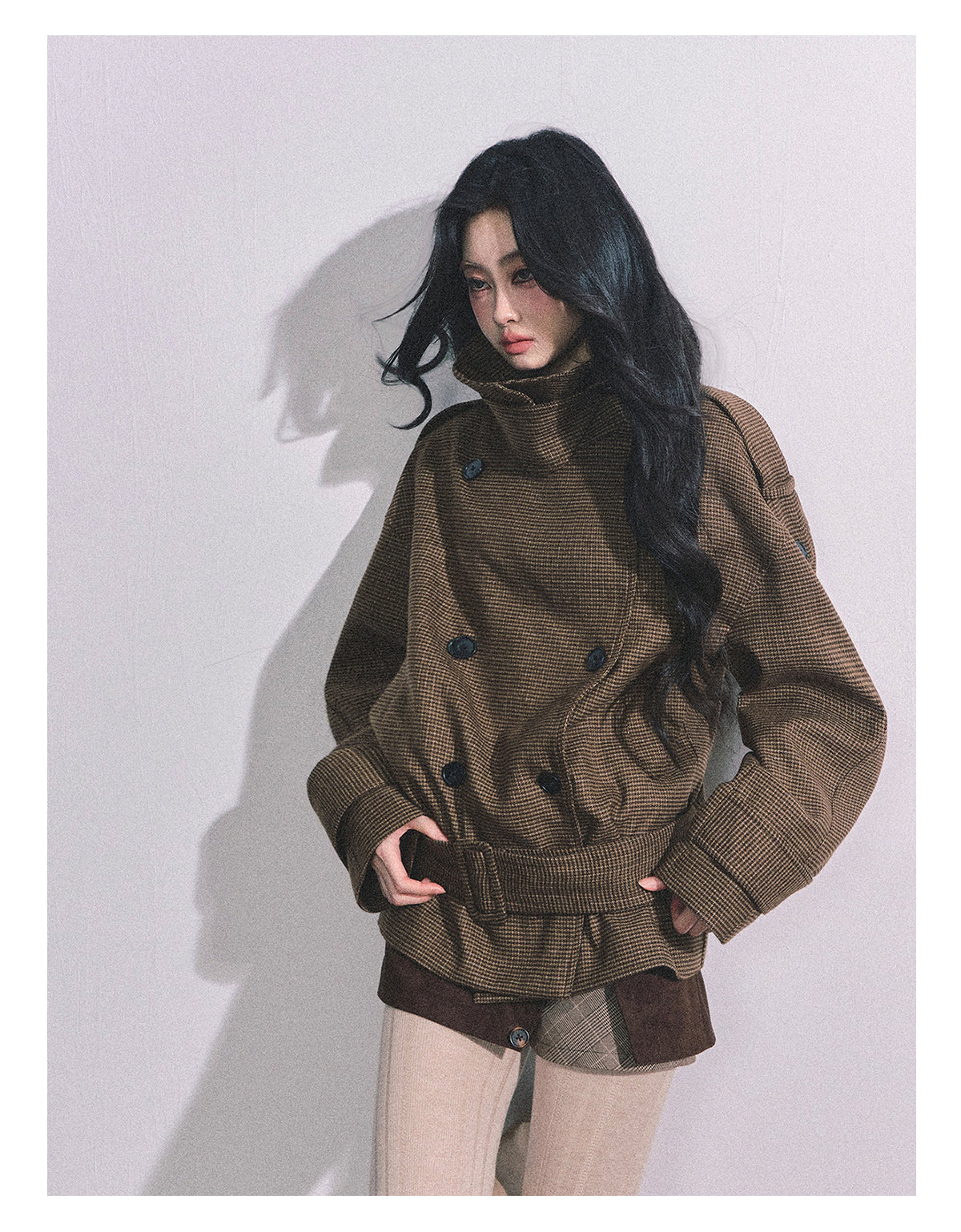 ShaoYeYan Sunset Harbor French British Style Plaid Trench Coat