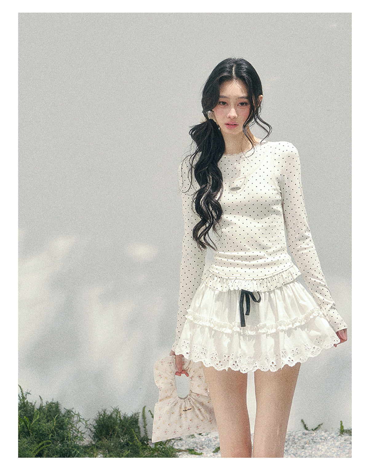 ShaoYeYan Aomalm Milk-Sweet Art Student Fake Two-Layer Polka Dot Tee