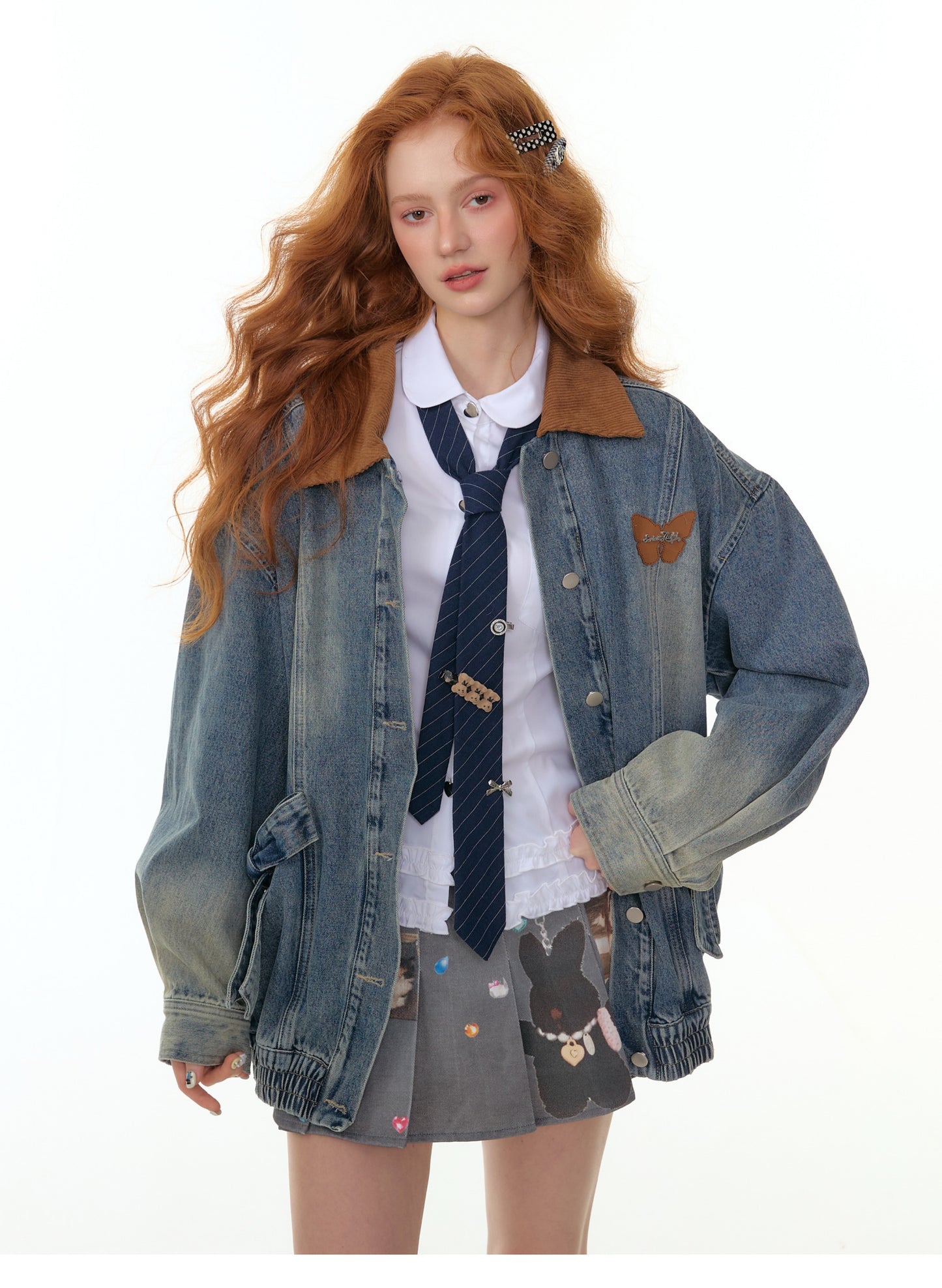 ZiziFei Corduroy-Collar Denim Jacket