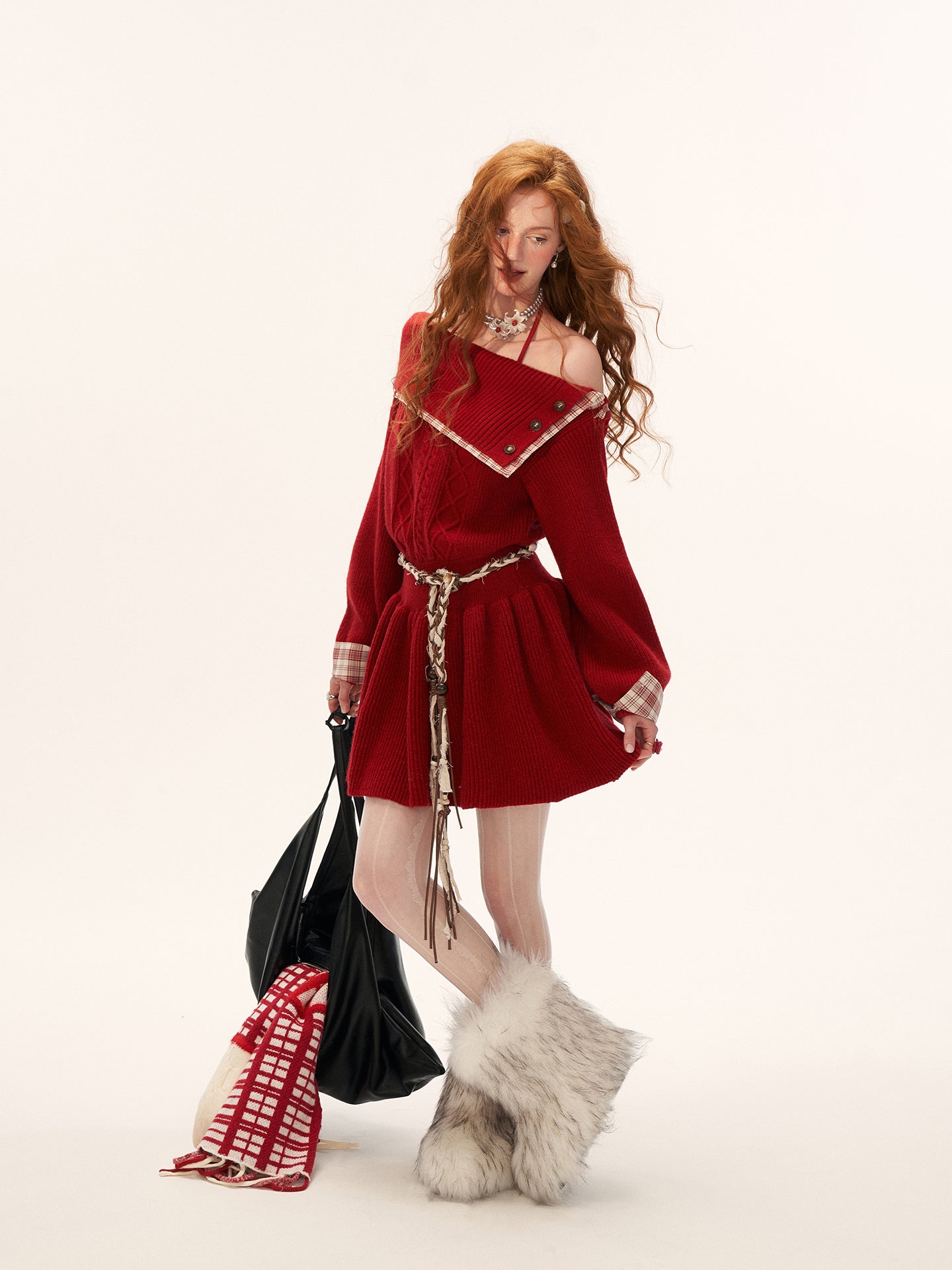 MAMC Plaid Panel Off-Shoulder Dress Sweater