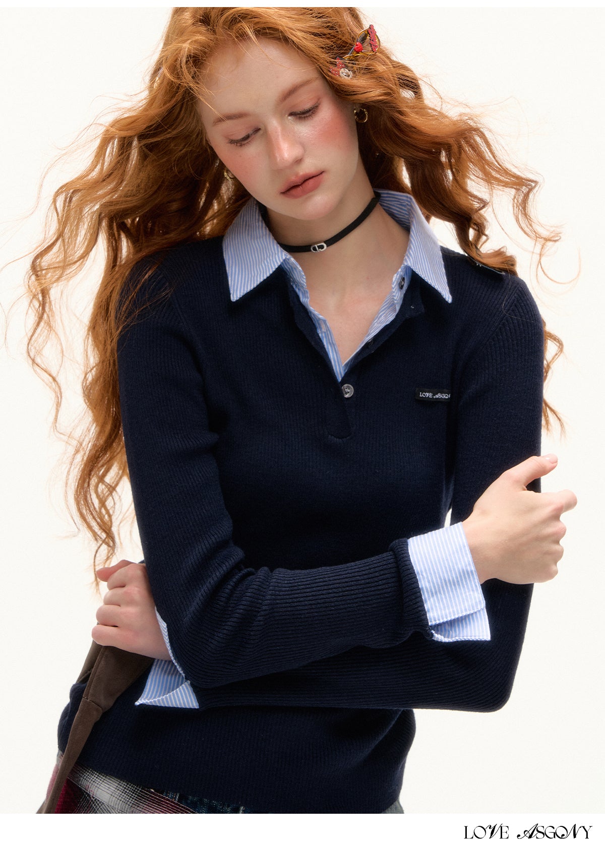 AsGony Striped Collar Fake Two-Layer Knit Top