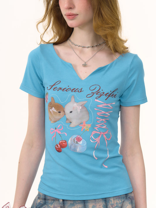 ziziFei Retro Bunny Print V-Neck Tee