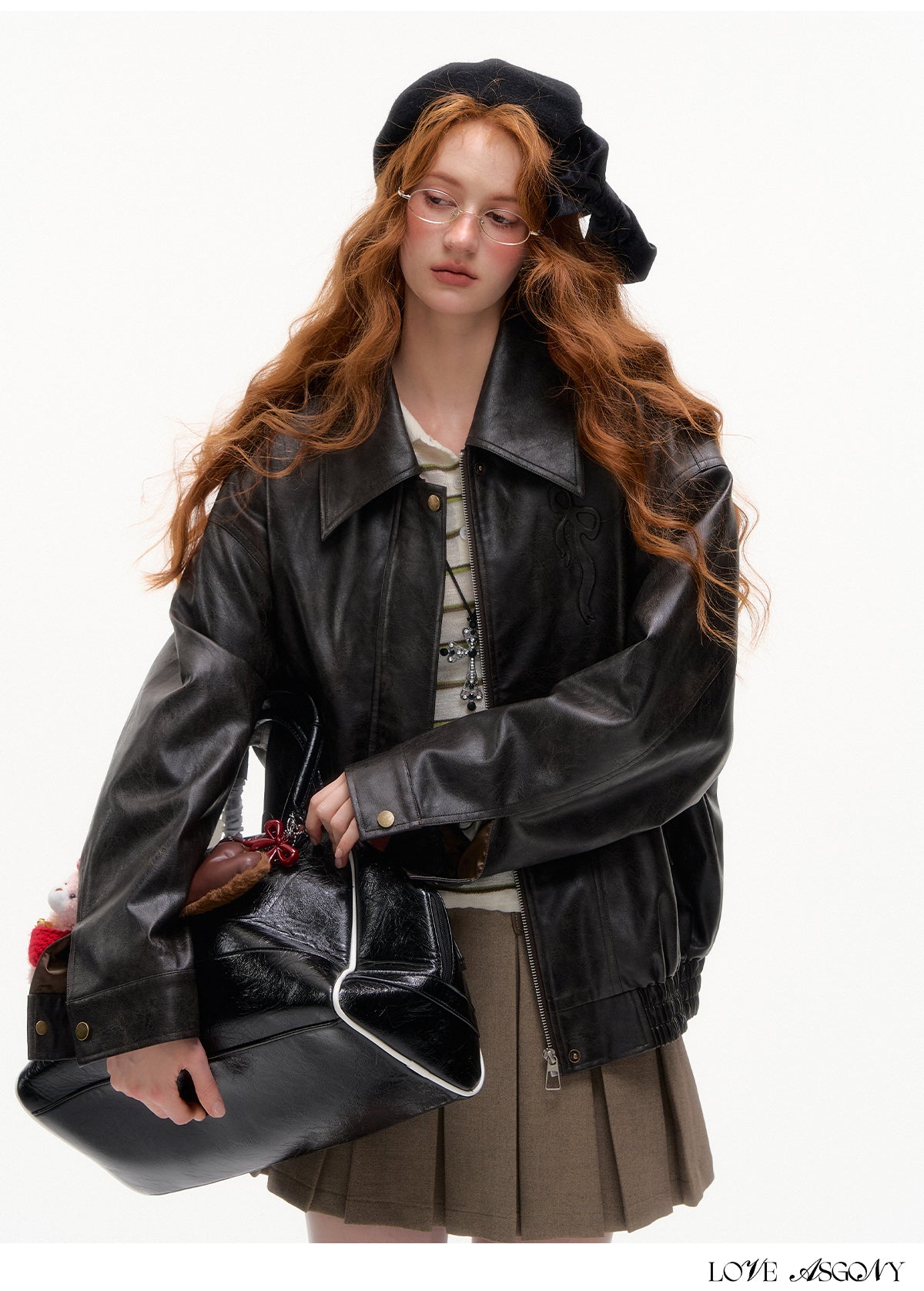 AsGony Retro Bow Collar Embossed Leather Jacket