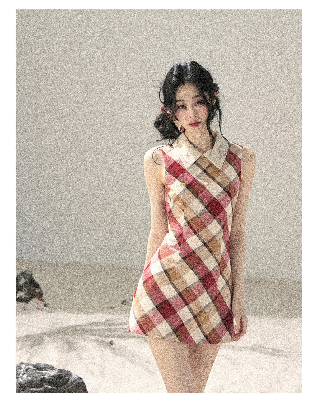 ShaoYeYan Aomalm Seaside Sunset French Polo Collar Argyle Dress