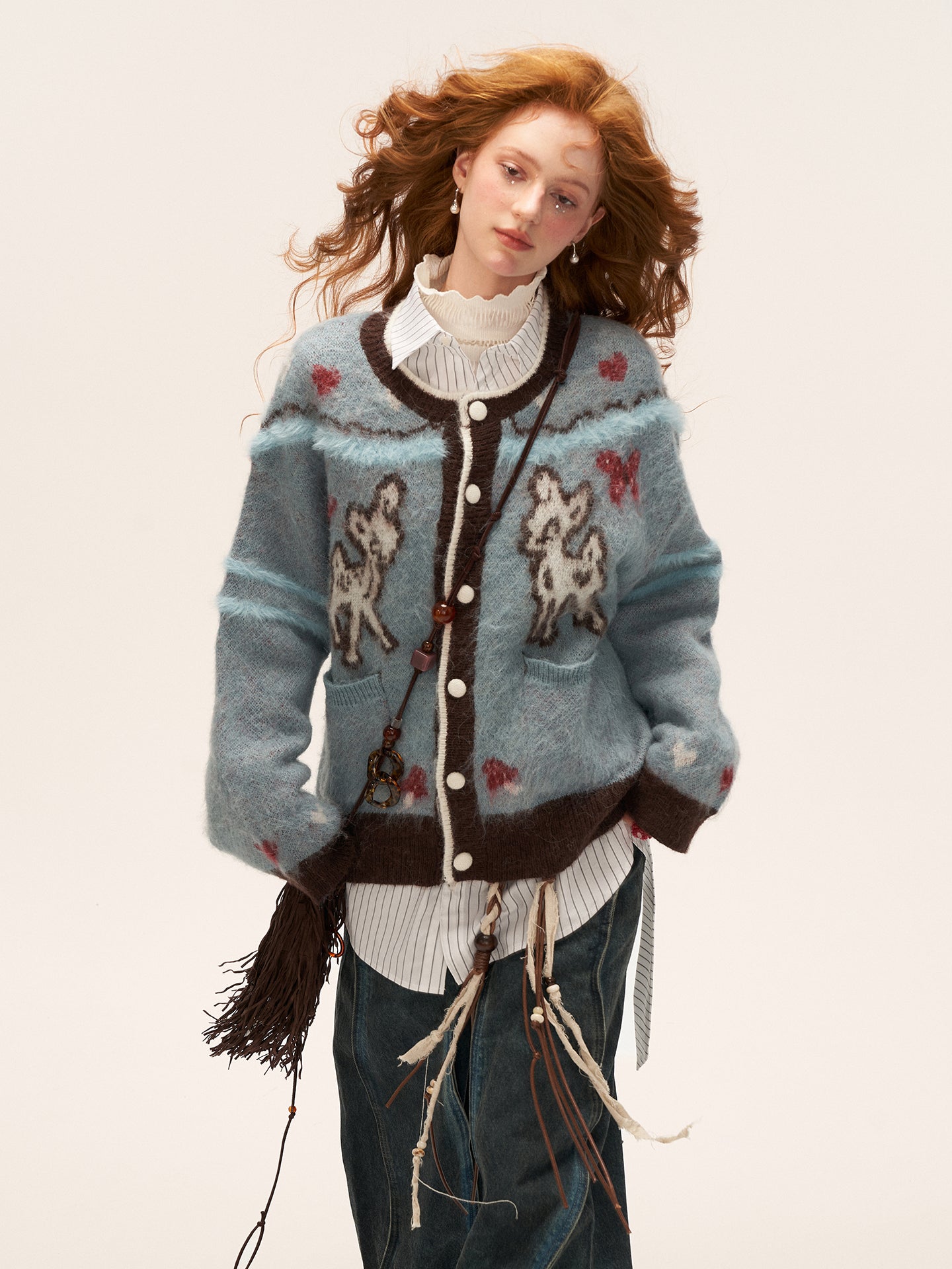 MAMC Cute Butterfly Deer Print Knit Cardigan
