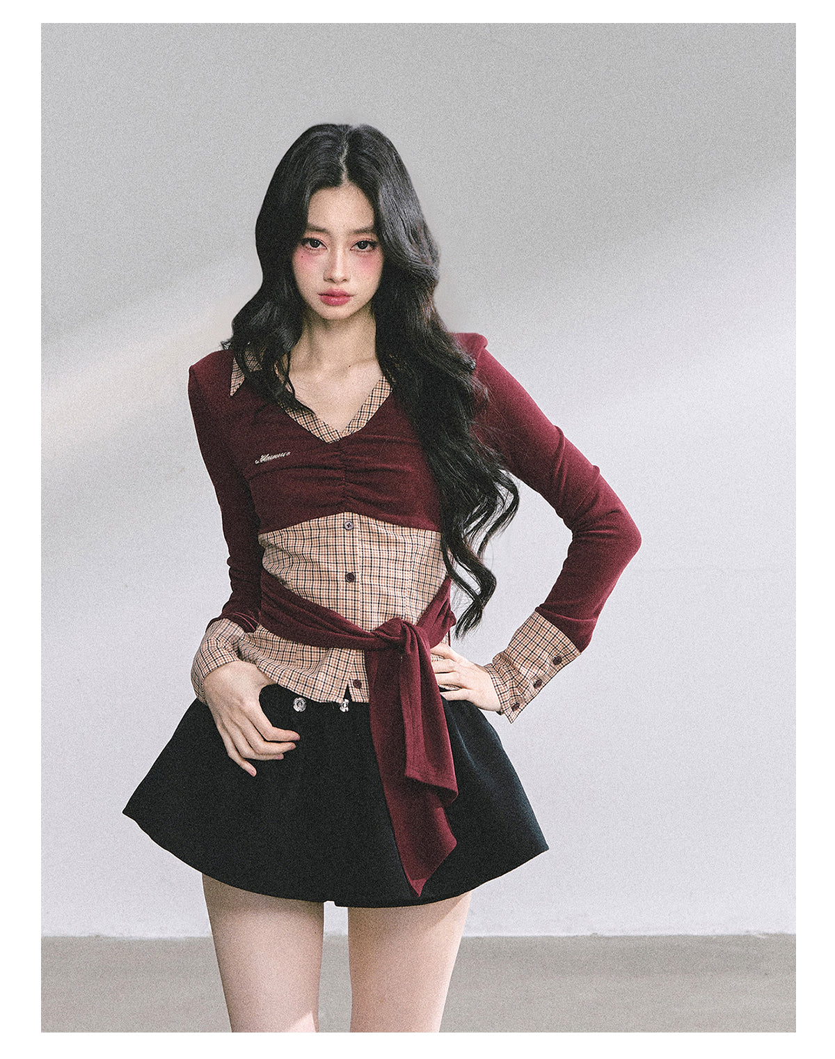 SHAOYEYAN Mock Two-Layer American Style Plaid Tee