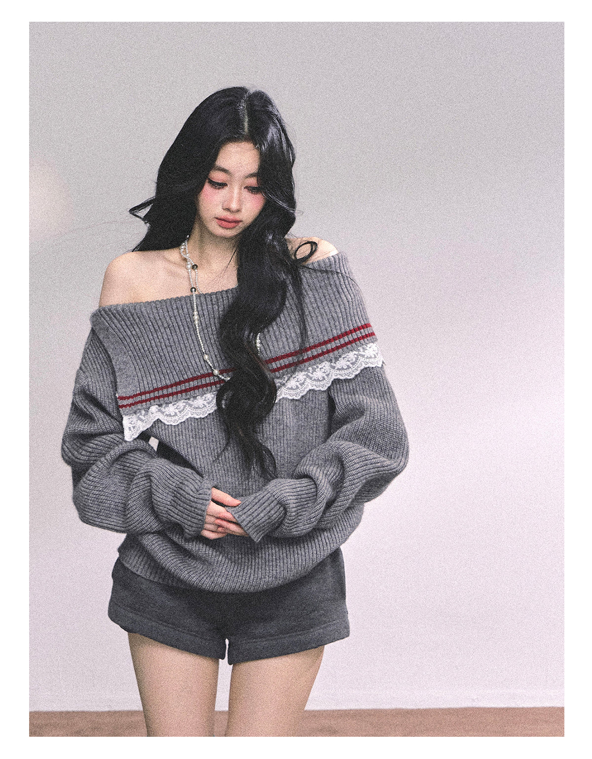 ShaoYeYan British Wit American Academia Lace Off-Shoulder Sweater