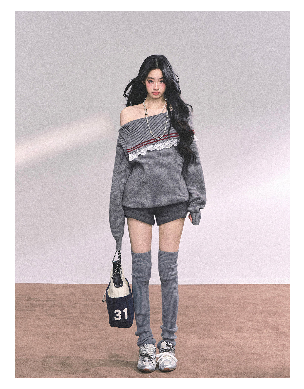 ShaoYeYan British Wit American Academia Lace Off-Shoulder Sweater