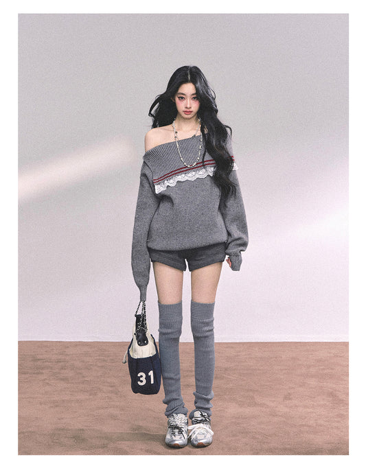 ShaoYeYan British Wit American Academia Lace Off-Shoulder Sweater