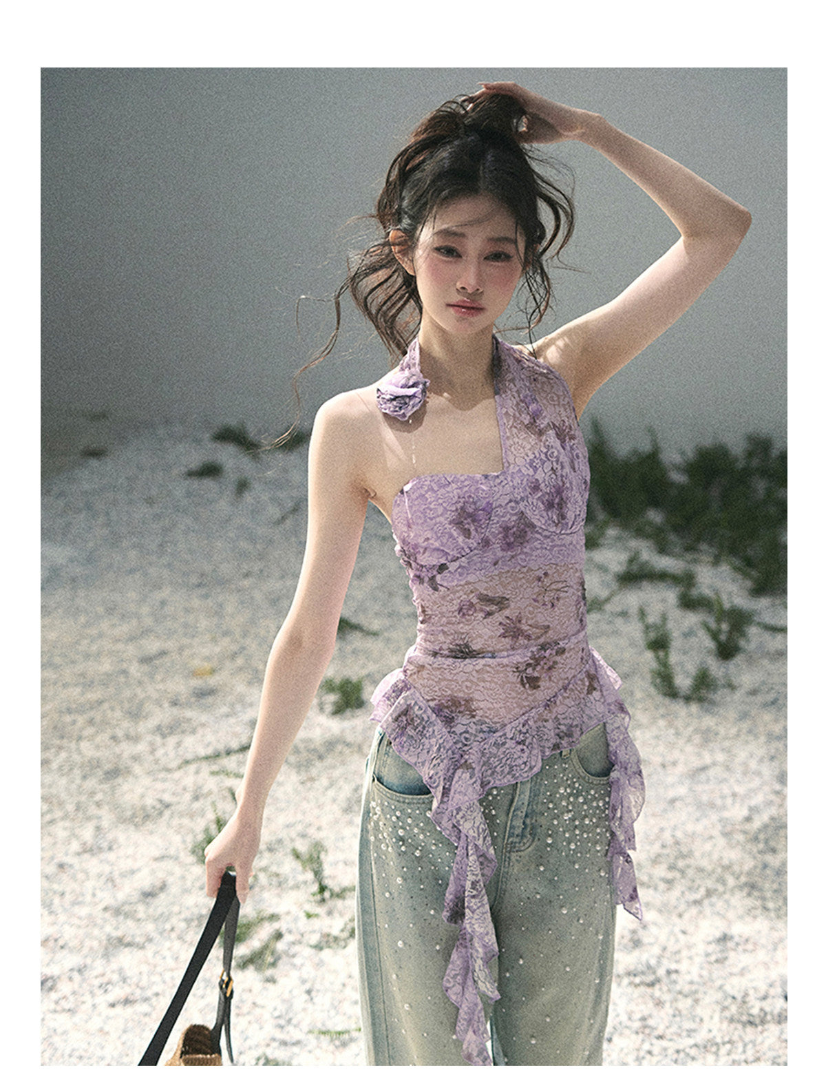 ShaoYeYan Aomalm Bauhinia Blooms Asymmetric Sheer Ribbon Top
