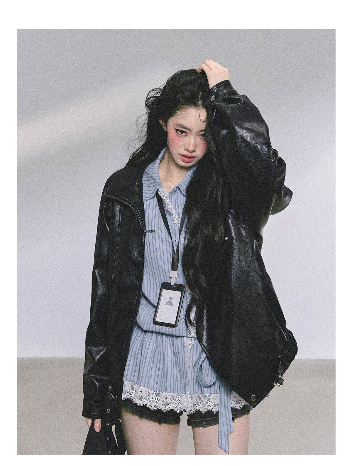 ShaoYeYan Mafia Princess Oversized Slim-Fit Black PU Leather Jacket