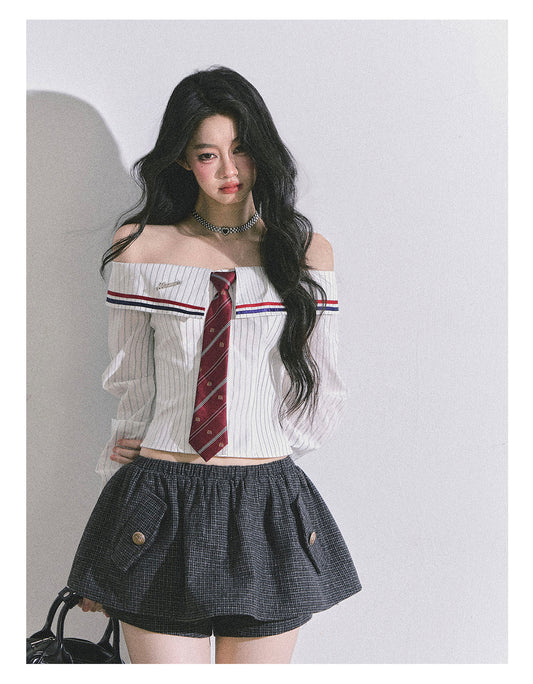 ShaoYeYan Seoul Art Student Off-Shoulder Striped Shirt
