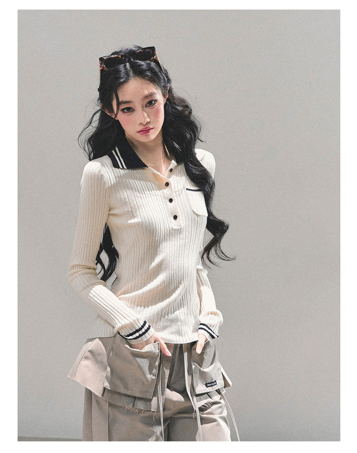 ShaoYeYan Wendy's Letter Long Sleeve Polo Knit Sweater