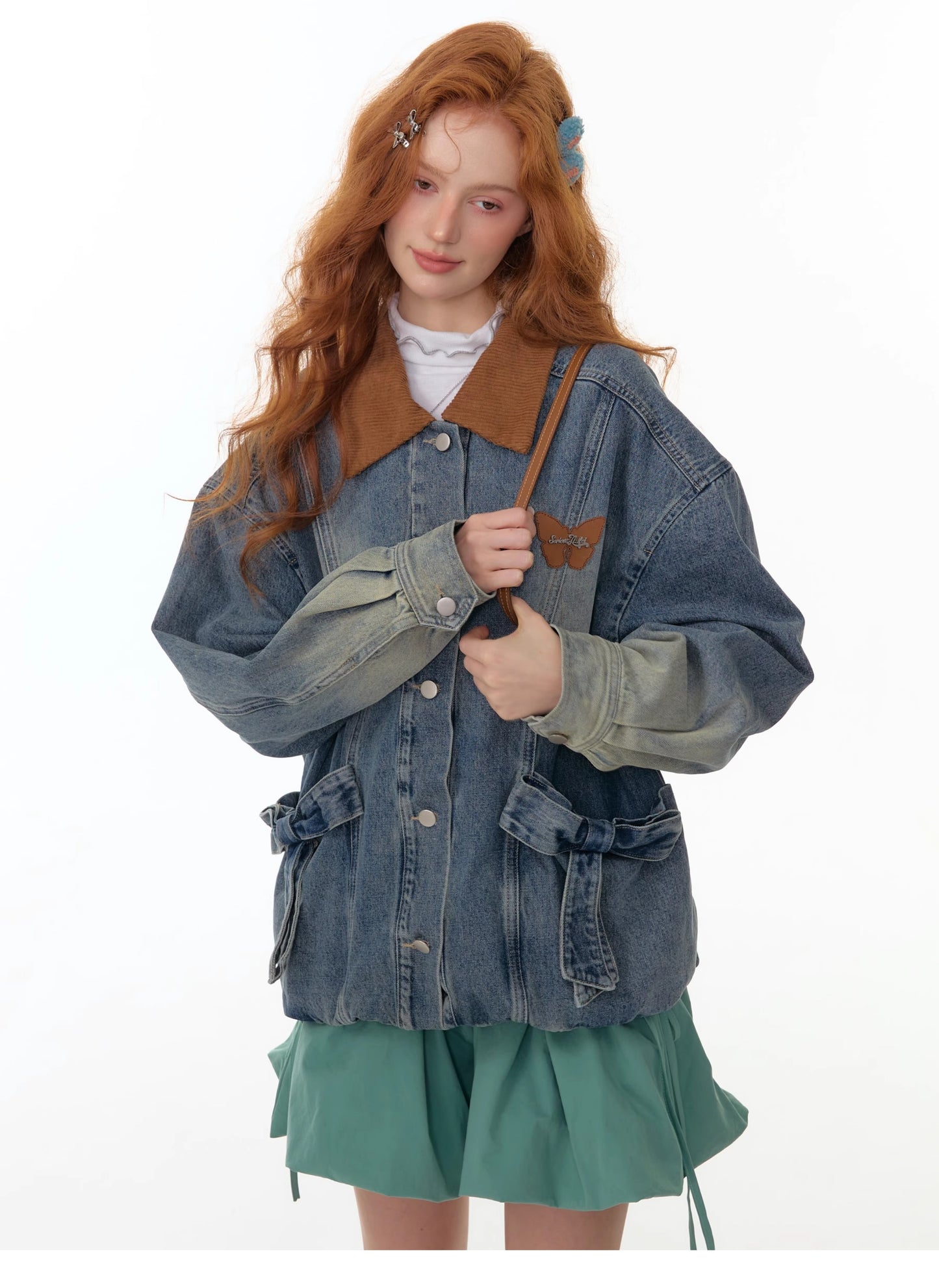 ZiziFei Corduroy-Collar Denim Jacket