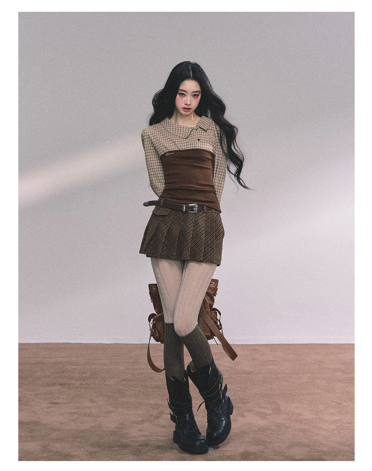 ShaoYeYan U.S. Study Abroad Outfit Fake Two-Layer Plaid Knit T-Shirt