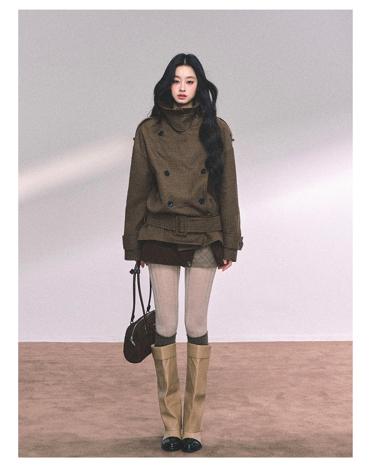 ShaoYeYan Sunset Harbor French British Style Plaid Trench Coat