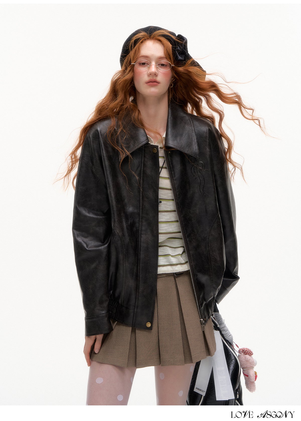 AsGony Retro Bow Collar Embossed Leather Jacket