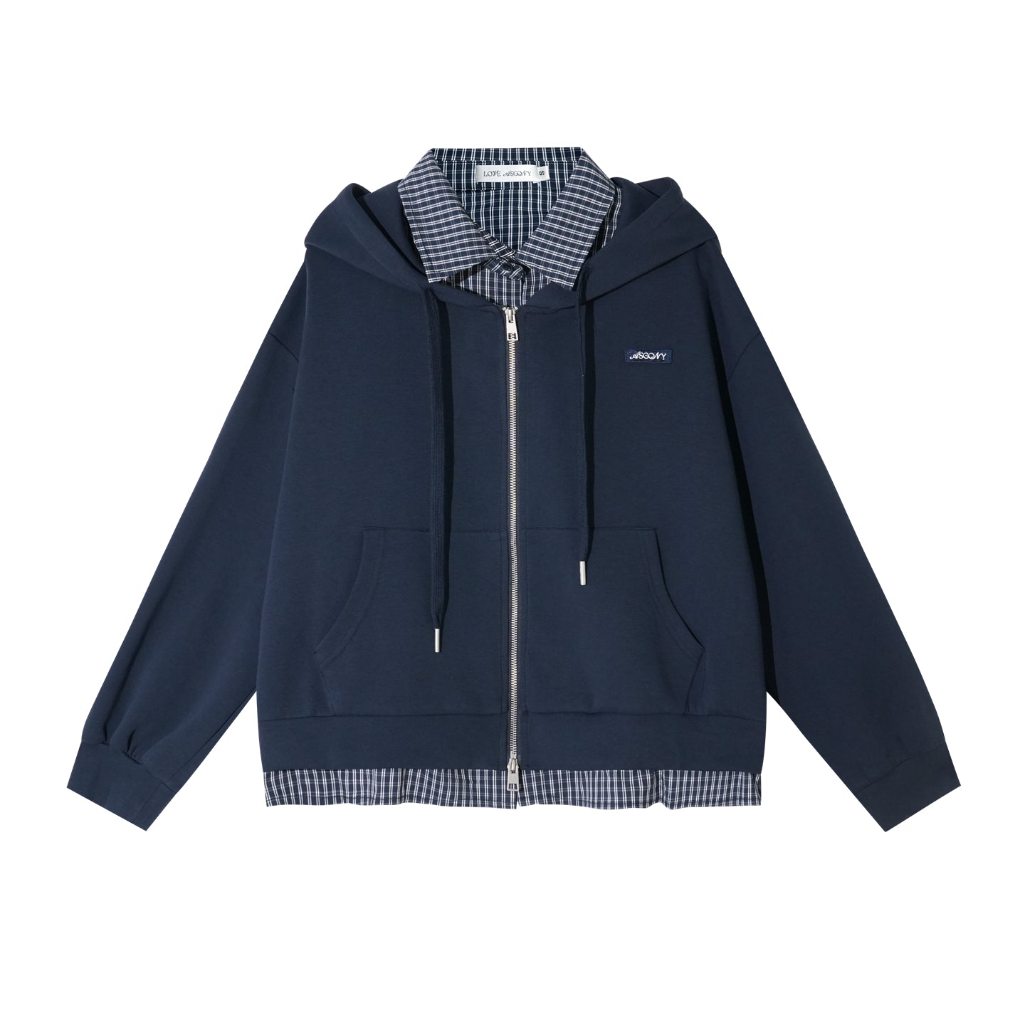 AsGony Fake Two-Piece Plaid Zip-Up Hoodie