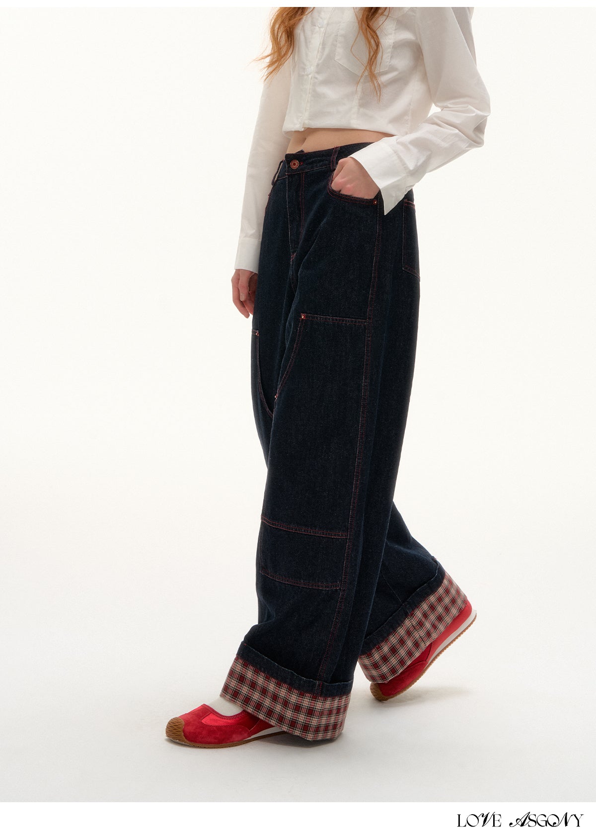 AsGony Black Plaid Panel Wide-Leg Jeans