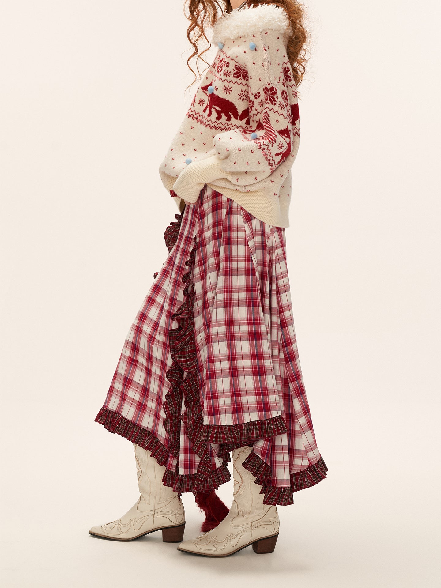 MAMC Asymmetrical Ruffle Hem Plaid Skirt