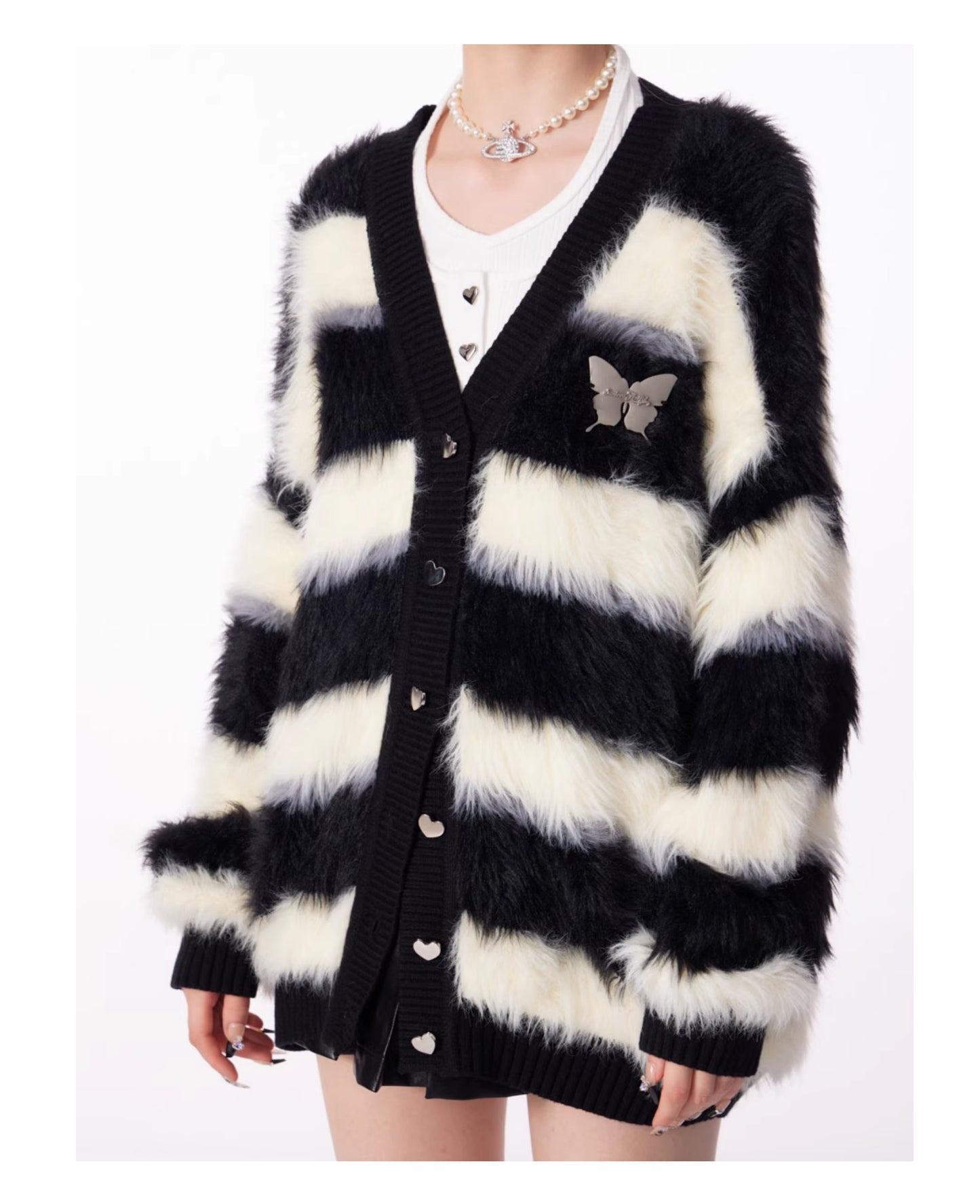 ziziFei Retro Punk Striped Faux Fur Cardigan