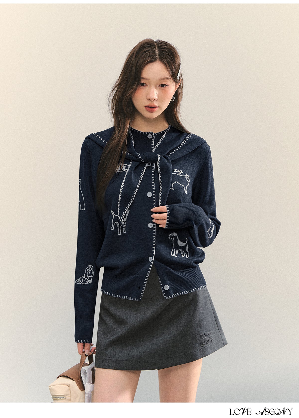 AsGony Puppy Embroidery Trim Hooded Knit Set