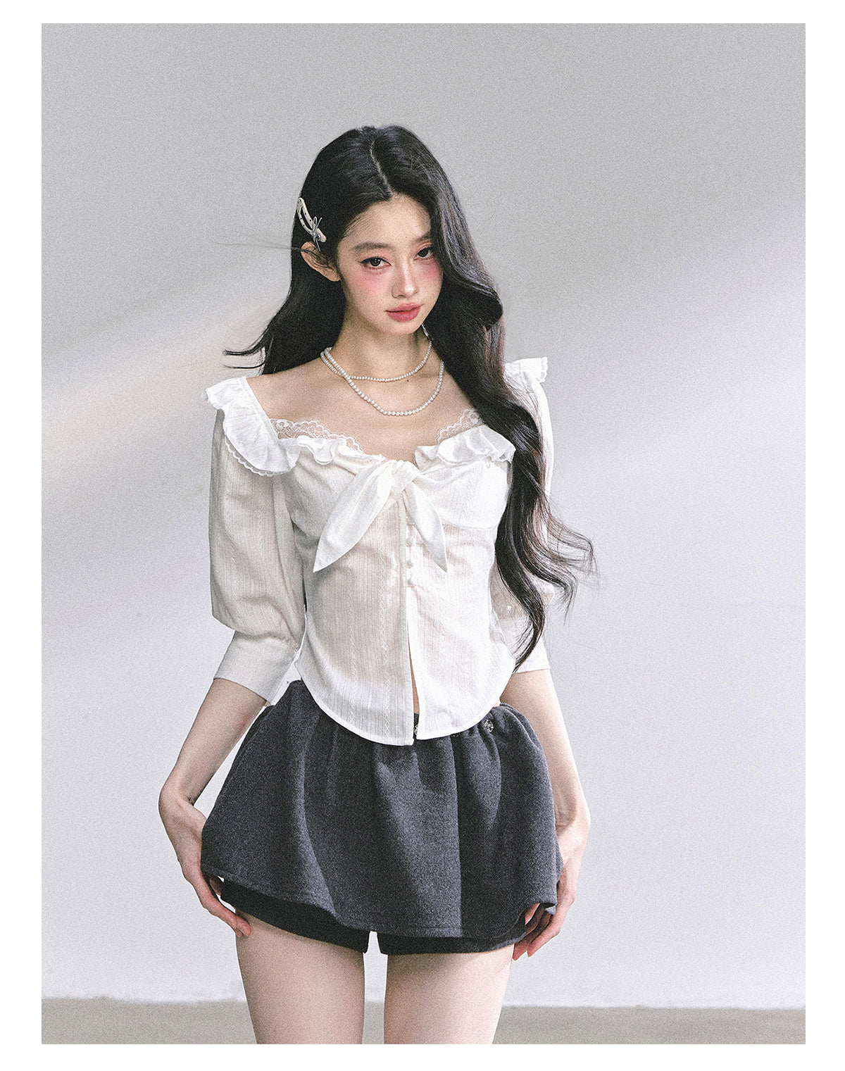 SHAOYEYAN French White Lace Waist-Defining Blouse