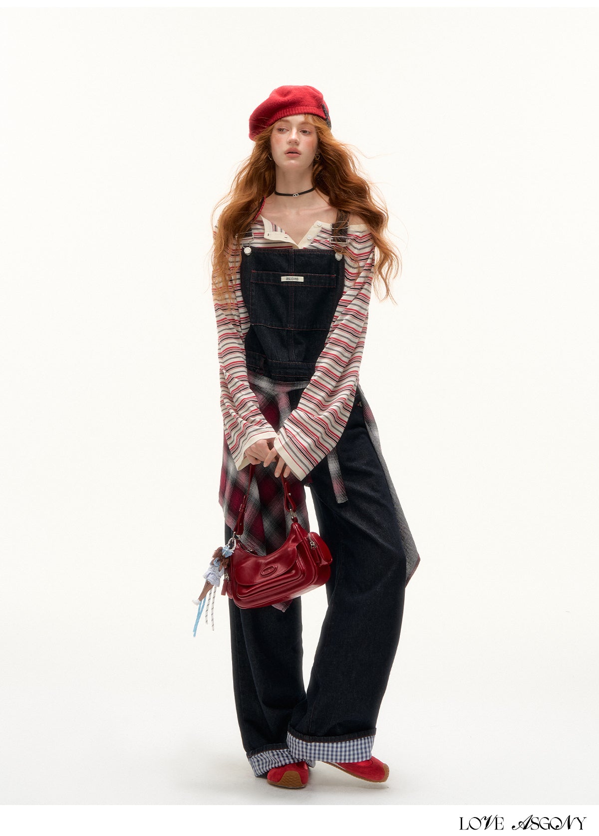 AsGony Red Stitch Raw Denim Wide-Leg Jumpsuit