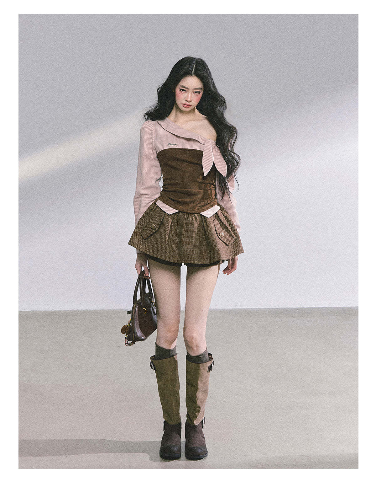 ShaoYeYan Fake Two-Piece Off-Shoulder Plaid T-Shirt