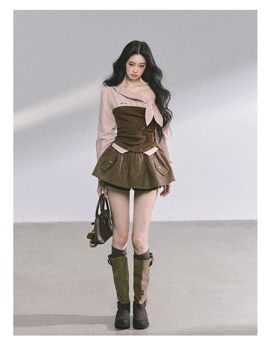 ShaoYeYan Fake Two-Piece Off-Shoulder Plaid T-Shirt