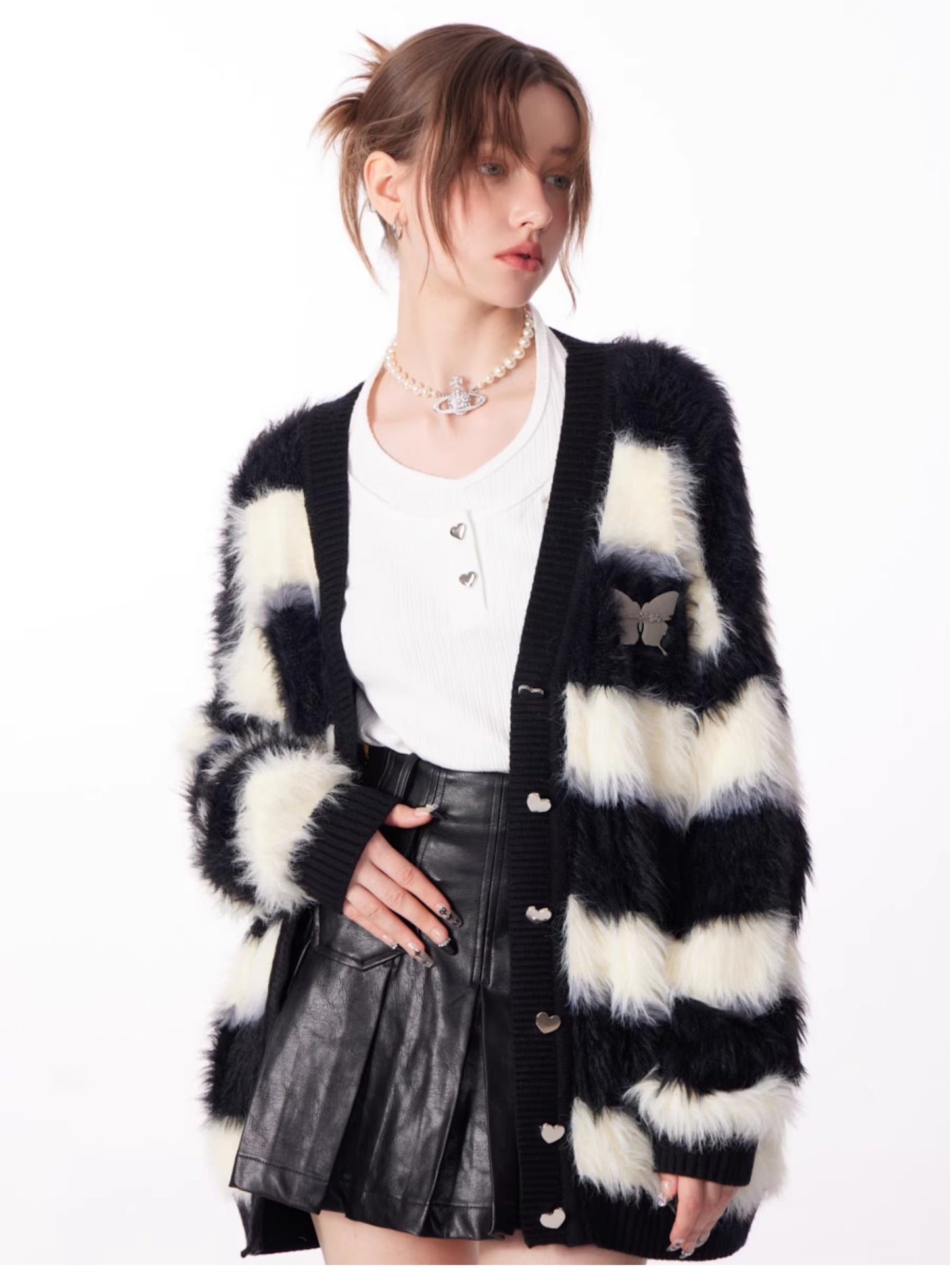 ziziFei Retro Punk Striped Faux Fur Cardigan