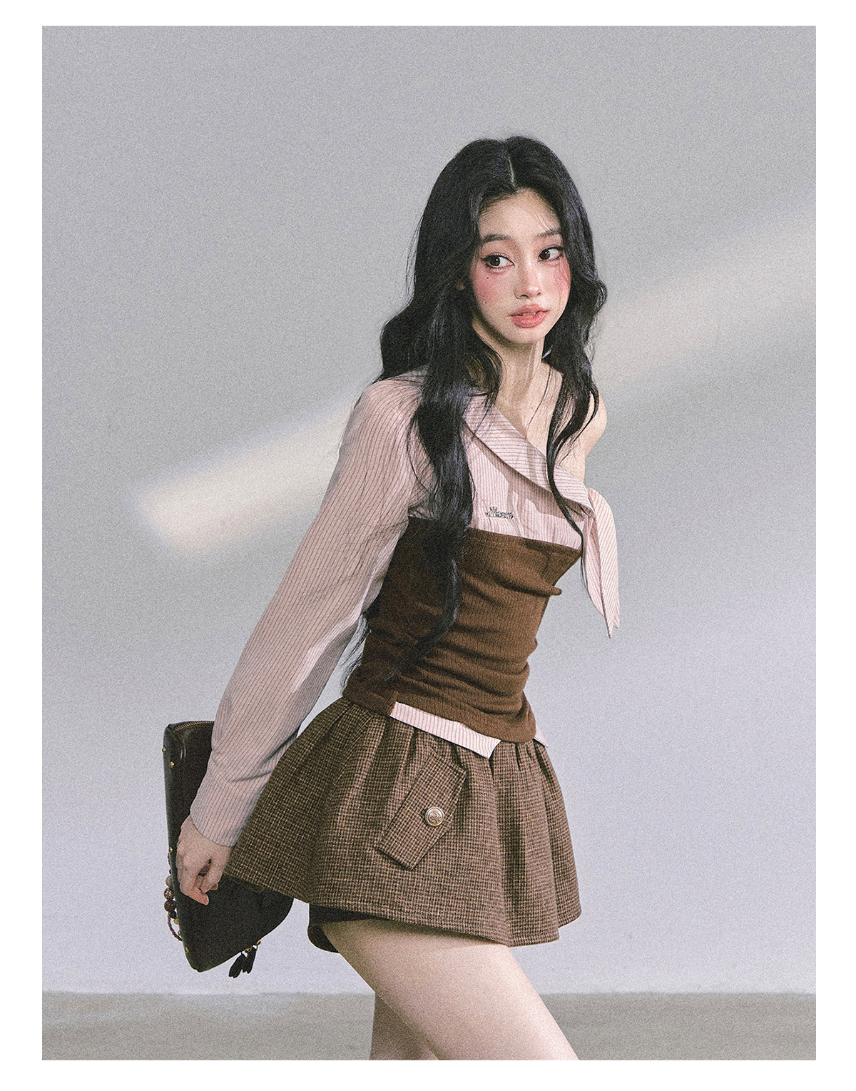 ShaoYeYan Fake Two-Piece Off-Shoulder Plaid T-Shirt