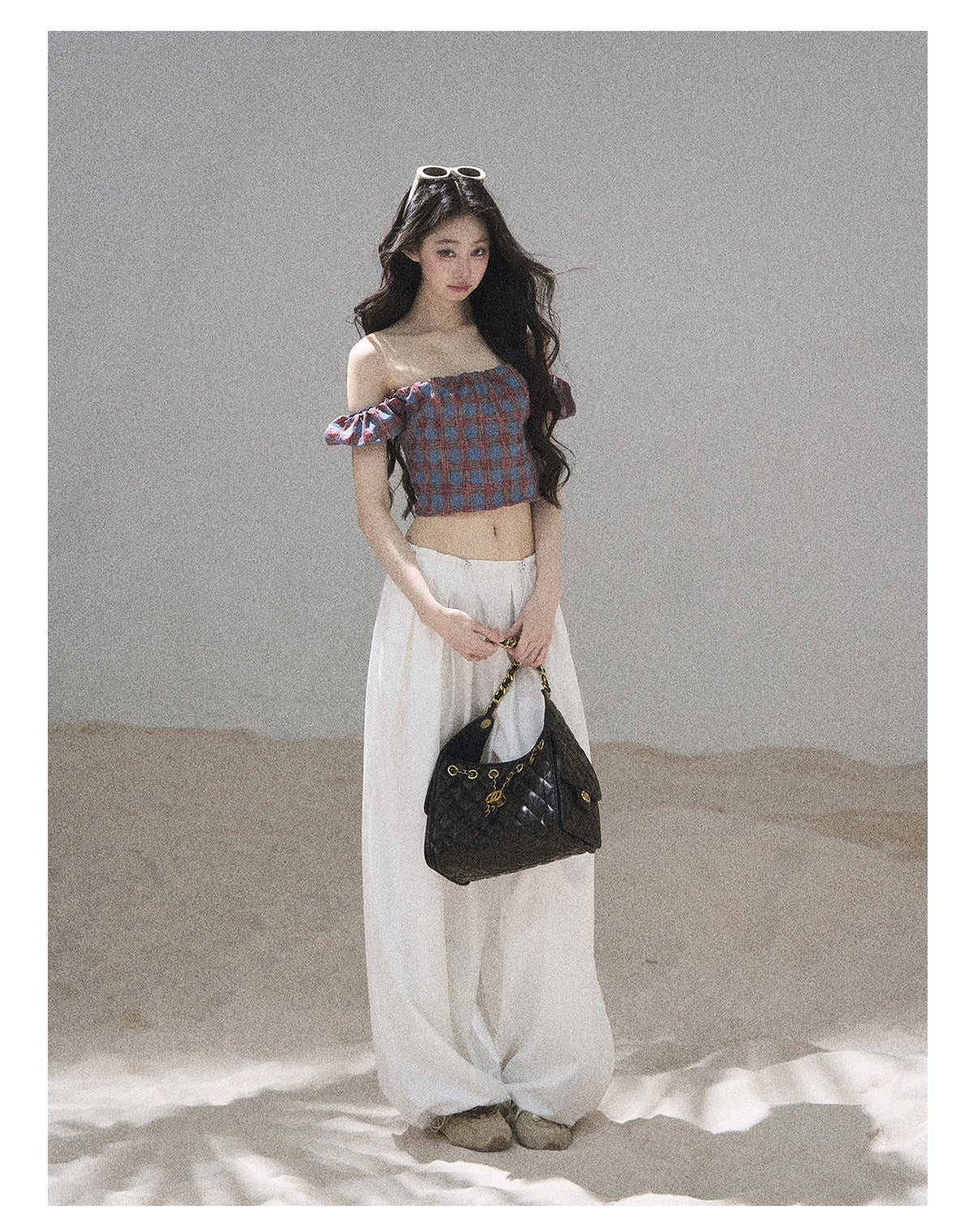 ShaoYeYan Aomalm Plaid Old Times Off-Shoulder Short Sleeve Top