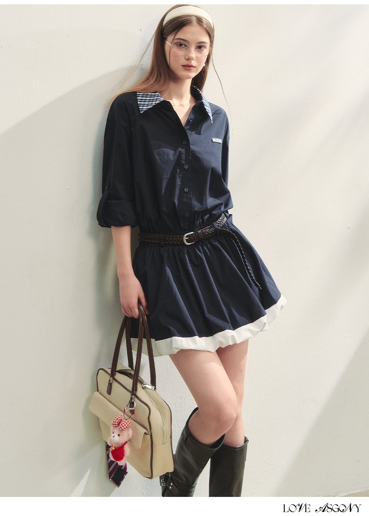 AsGony Plaid Collar Black Long Sleeve Shirt Dress