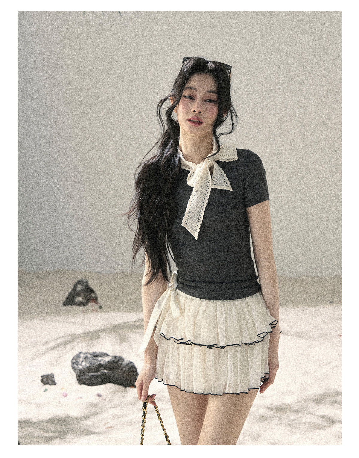 ShaoYeYan Aomalm Grey Shadow & White Fluff Korean Bow Crop Top