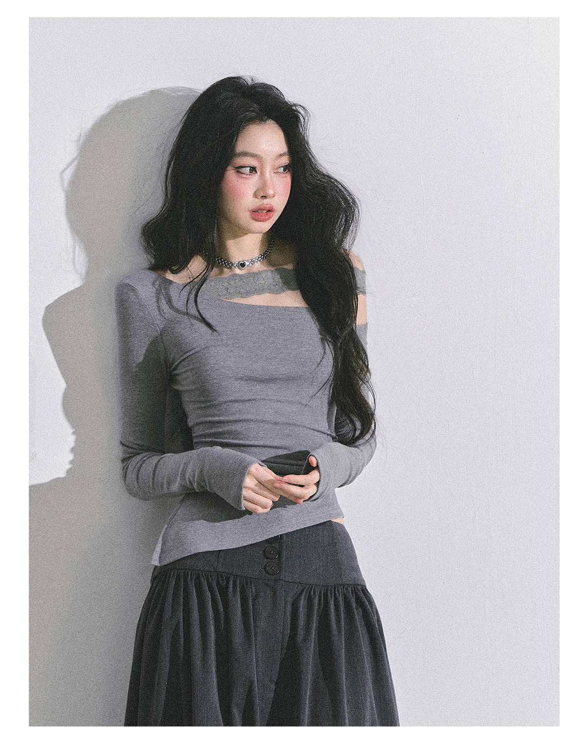 ShaoYeYan Tiny Waist Basic Long Sleeve Off-Shoulder Lace Top