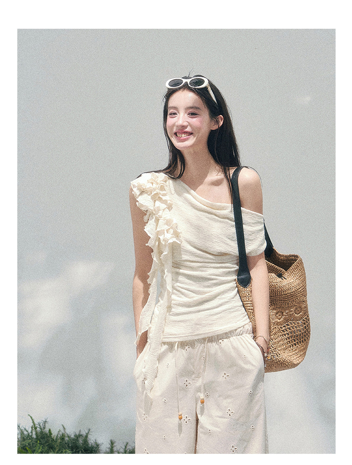 ShaoYeYan Aomalm Pale Whisper French Ruffle Off-Shoulder Tee