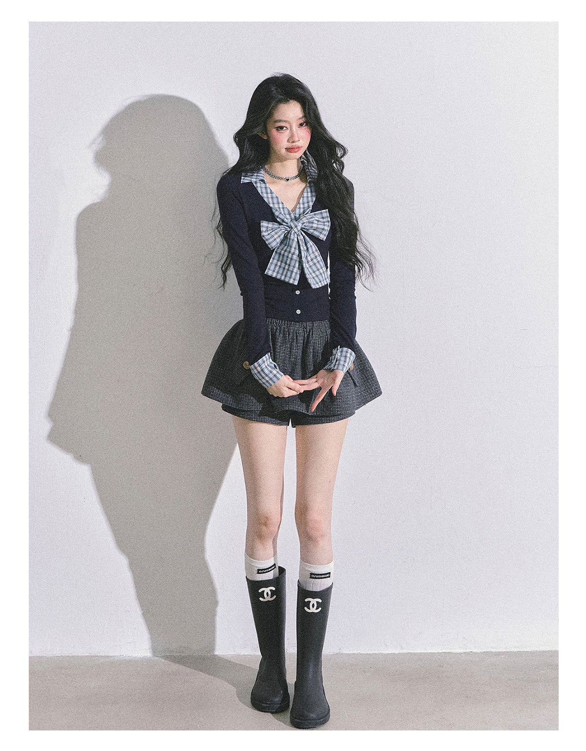 ShaoYeYan Ivy Plaid Verse Fake Two-Layer Bow Plaid T-Shirt