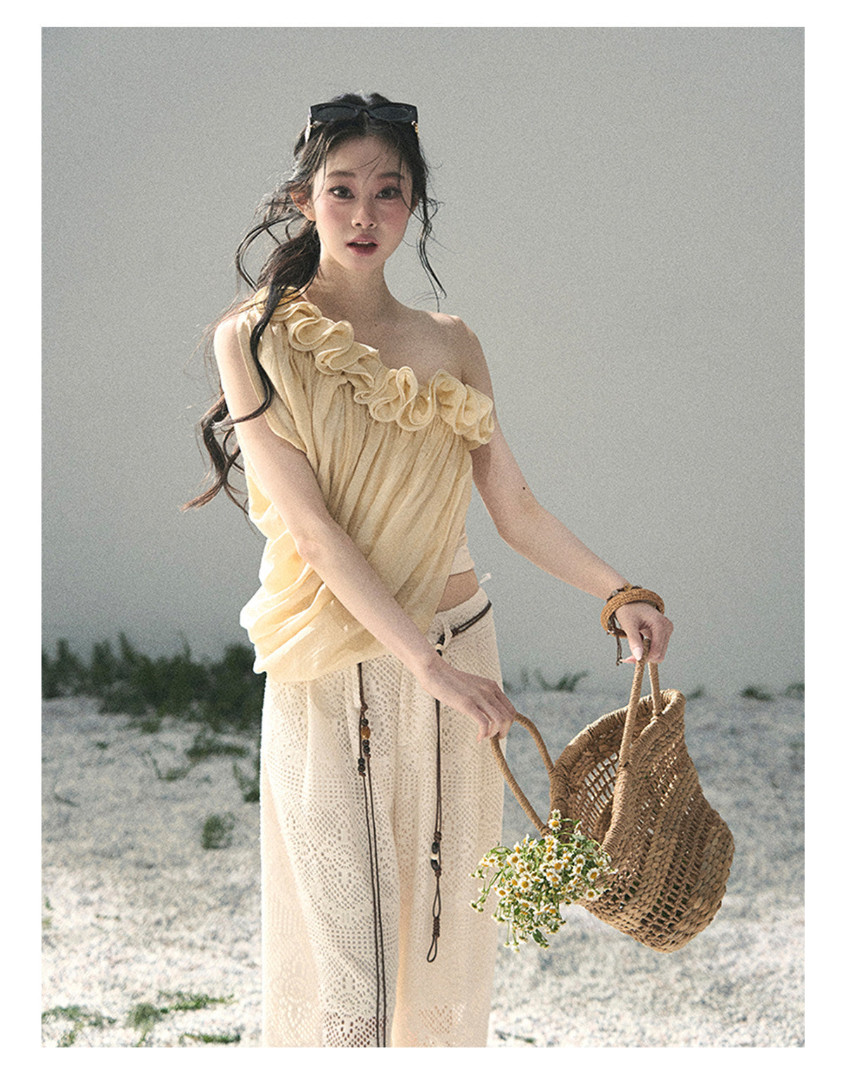 ShaoYeYan Aomalm Late Spring Where Flowers Fall French Off-Shoulder Ruffle Top
