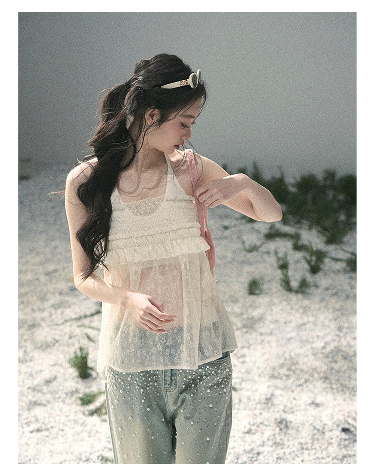 ShaoYeYan Aomalm Light Shatters Stained Glass French Sheer Halter Lace Top