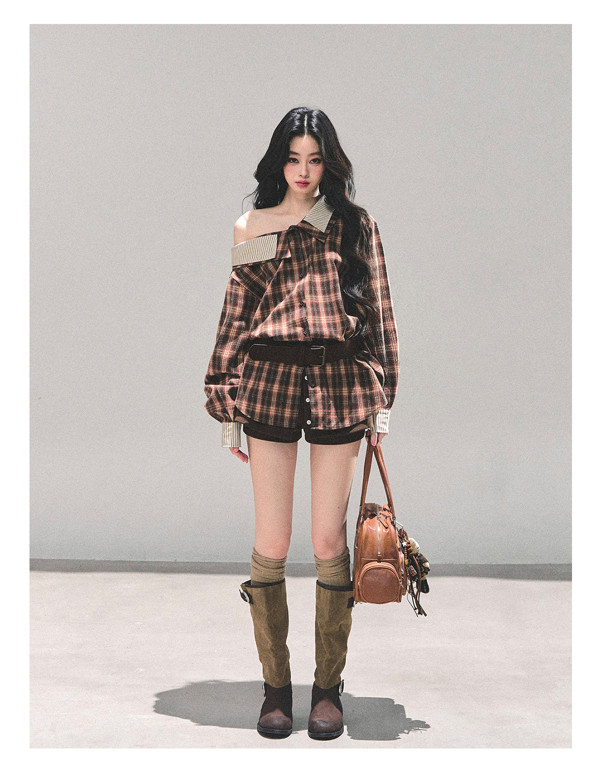 ShaoYeYan Streets She Passed Off-Shoulder Plaid Shirt