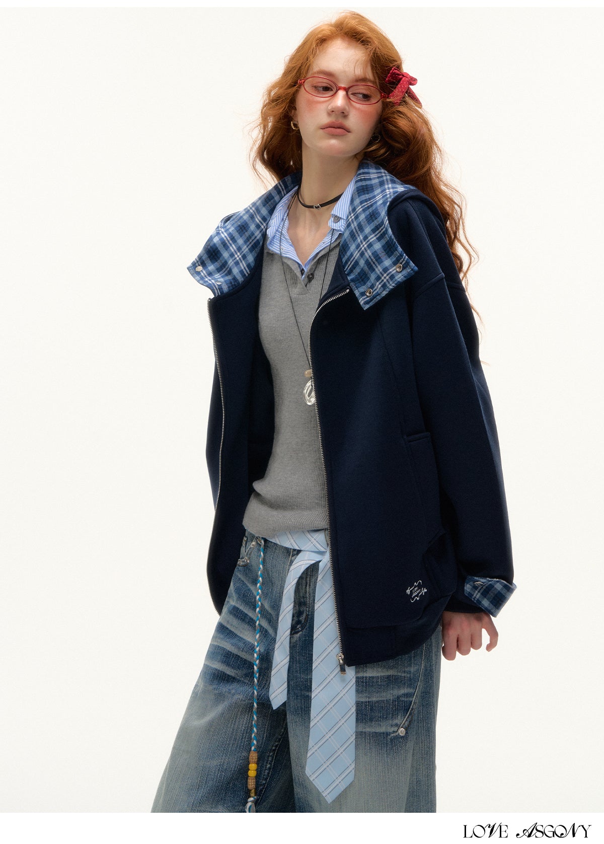 AsGony Plaid Panel Oversized Hooded Zip-Up
