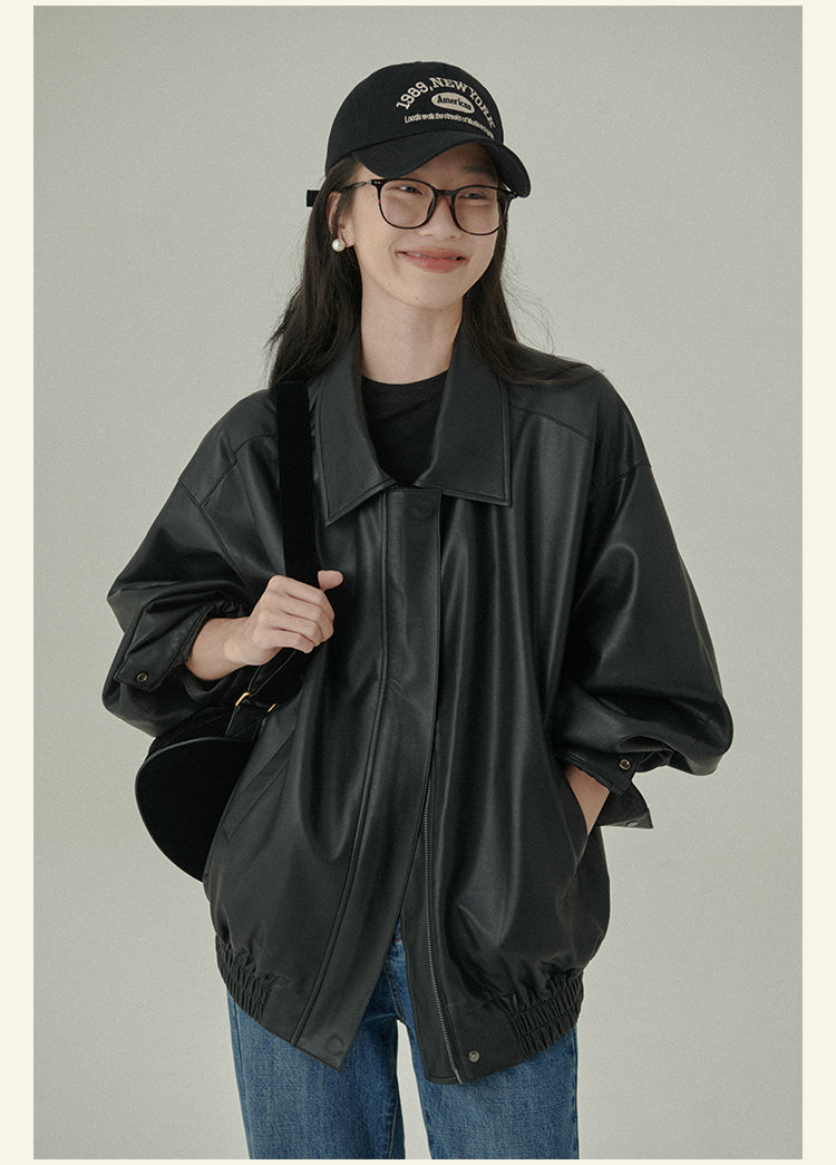 HAVERICE Classic Soft Leather Zip-Up Coat