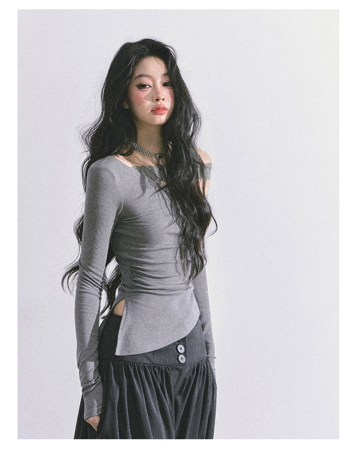ShaoYeYan Tiny Waist Basic Long Sleeve Off-Shoulder Lace Top