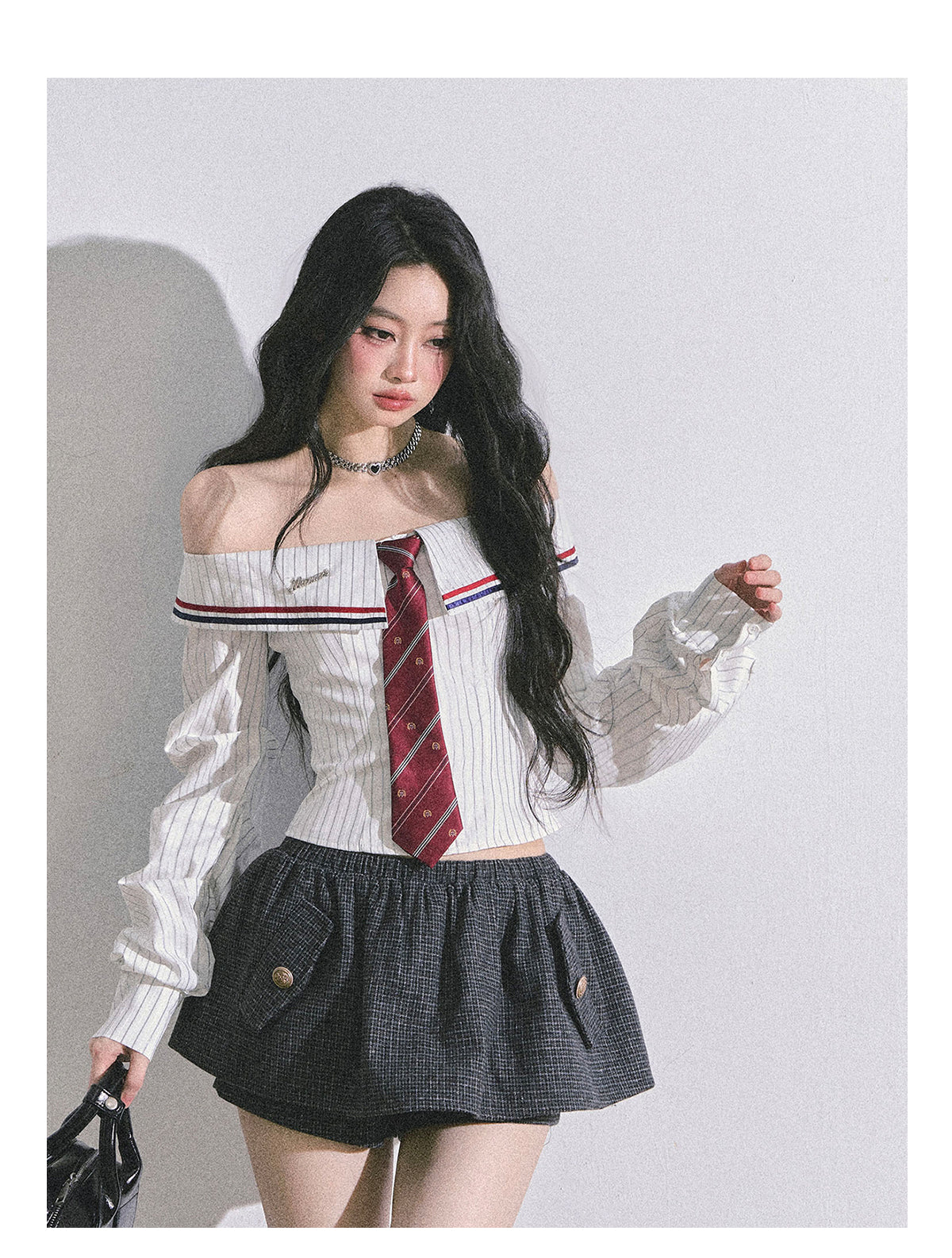 ShaoYeYan Seoul Art Student Off-Shoulder Striped Shirt