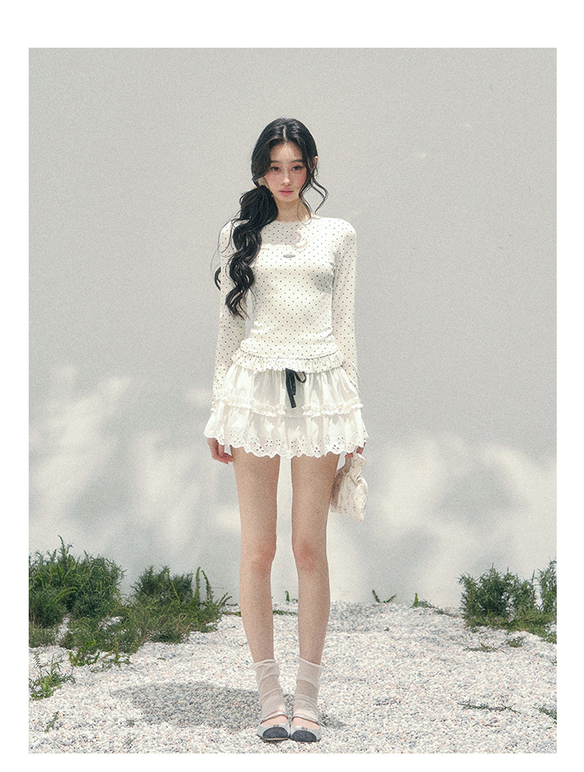 ShaoYeYan Aomalm Milk-Sweet Art Student Fake Two-Layer Polka Dot Tee
