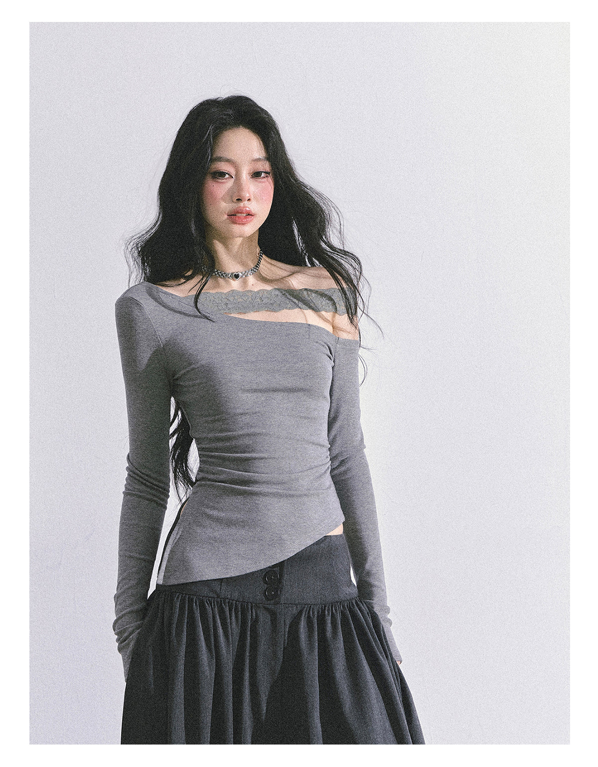 ShaoYeYan Tiny Waist Basic Long Sleeve Off-Shoulder Lace Top